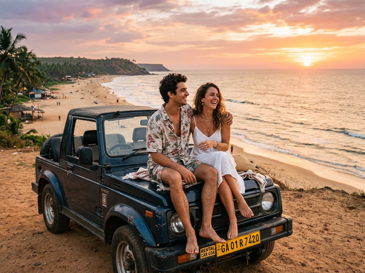 Couple enjoying sunset road trip overlooking beach